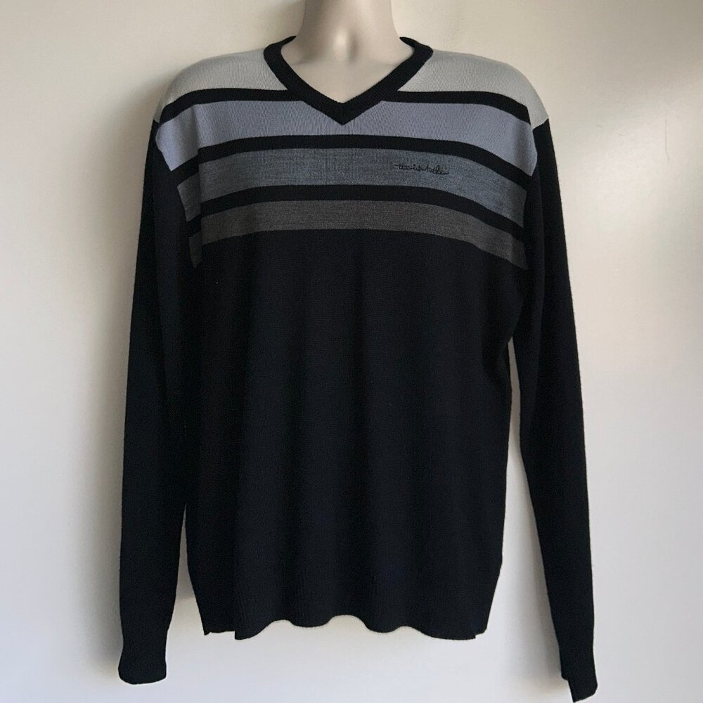 TRAVIS MATHEW Men's Black Gray V-Neck Merino Wool Acrylic Golf Sweater Size XL